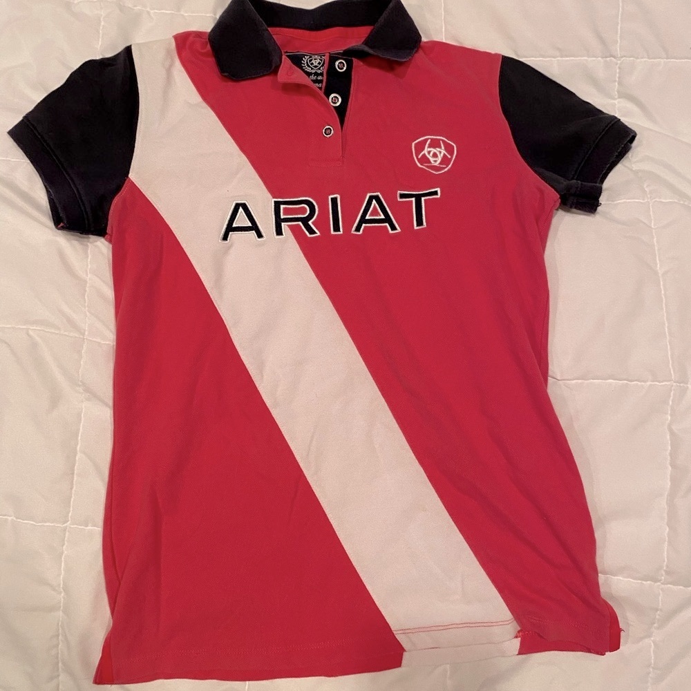 Ariat Polo Shirt: pink, navy, white stripes (size M)
